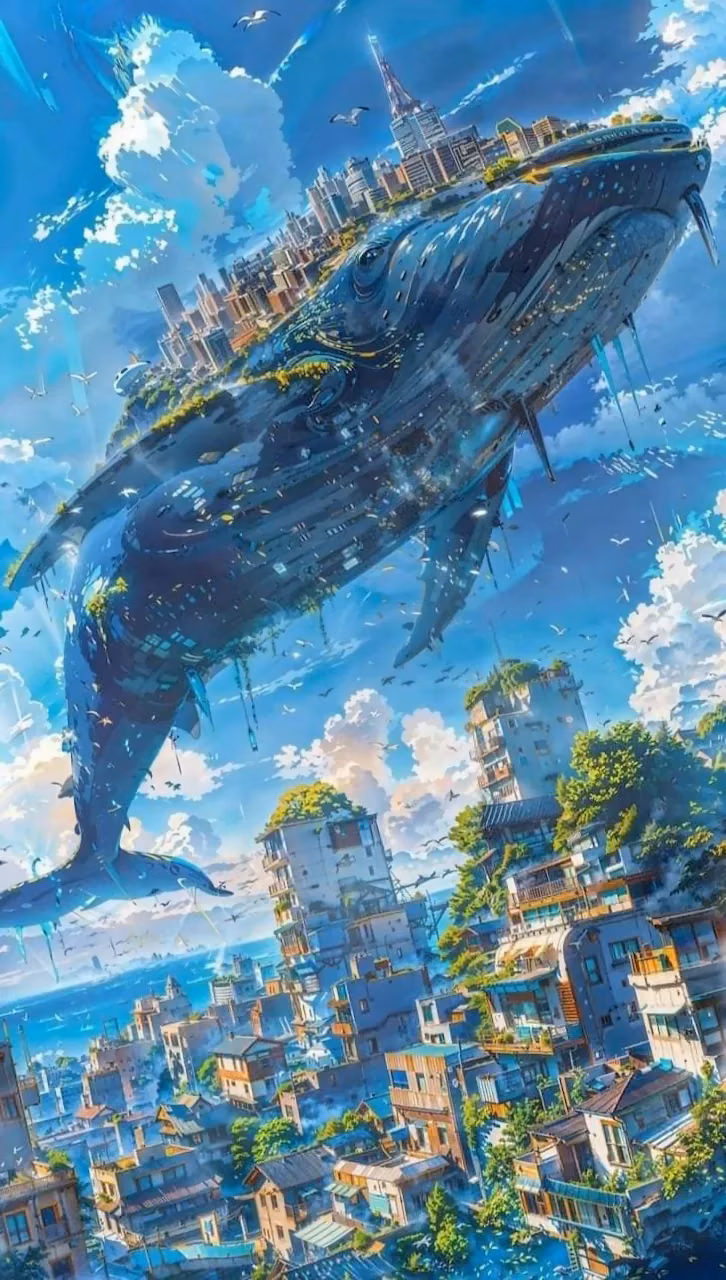 Flying Whale Cityscape Fantasy Digital Art Illustration - Free Mobile AMOLED Wallpaper Background
