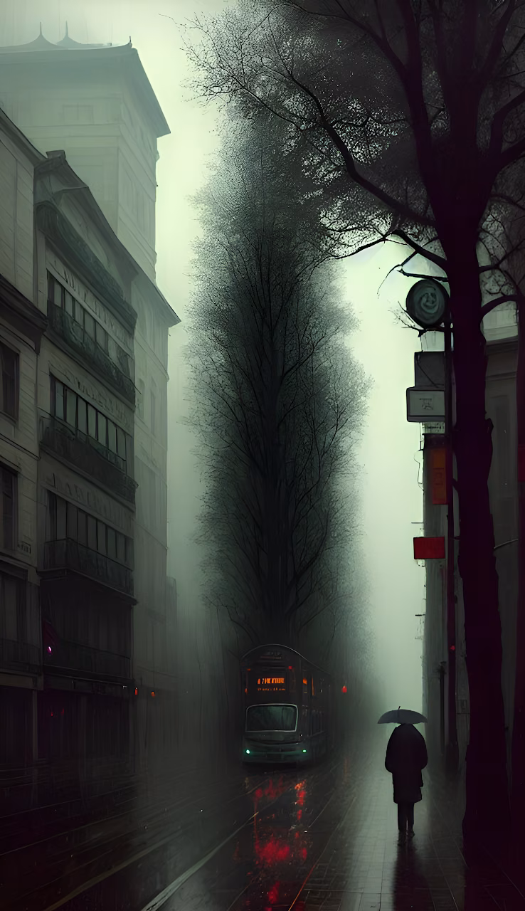 Download Foggy City Street with Tall Dark Tree and Tram Wallpaper in Mobile HD Foggy City Street with Tall Dark Tree and Tram - Free Mobile AMOLED Wallpaper Background