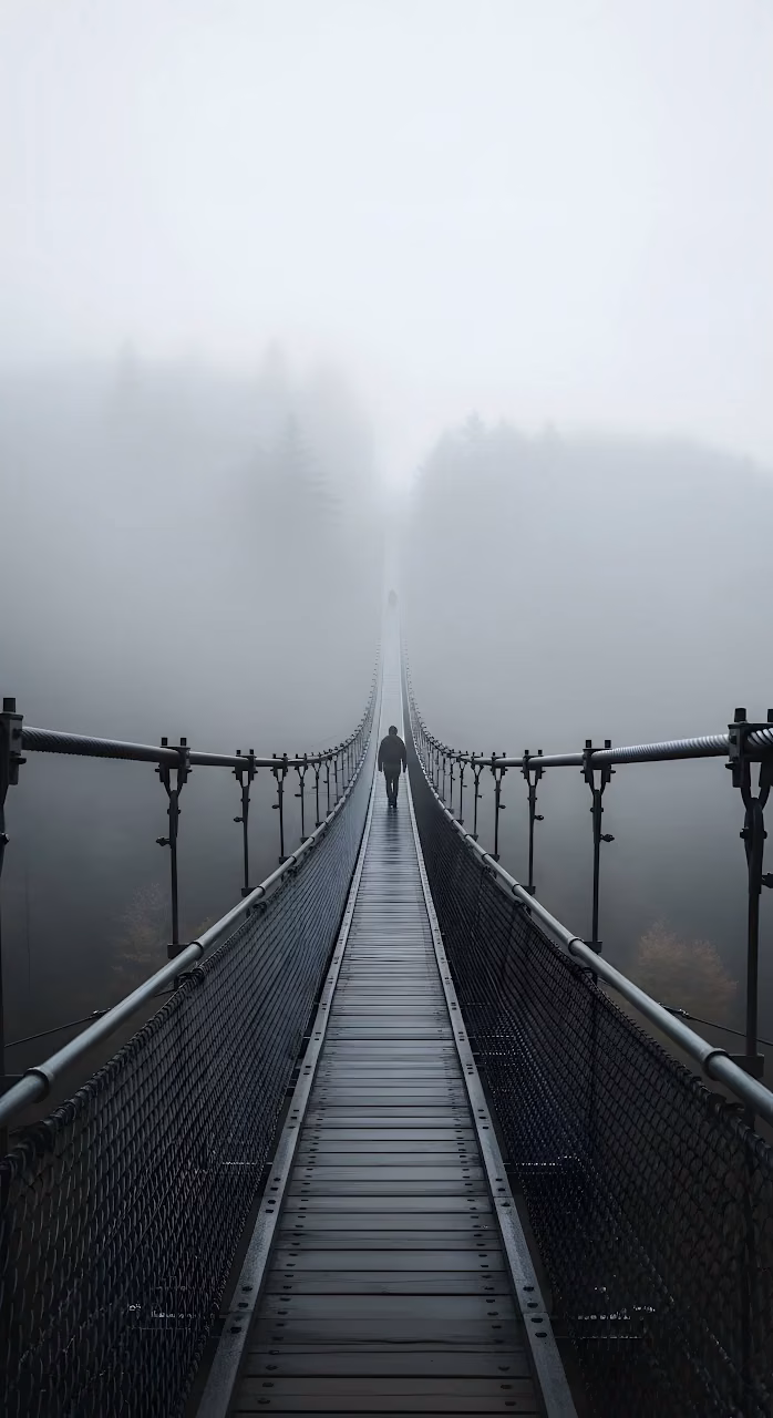 Foggy Suspension Bridge Silhouette Moody Forest Crossing - Free Mobile AMOLED Wallpaper Background