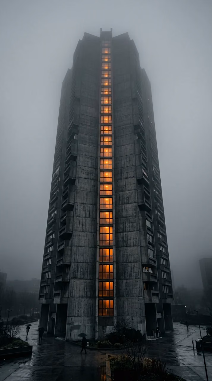 Download Foggy View of a Tall Brutalist Apartment Building with Orange Lit Windows Wallpaper in Mobile HD Foggy View of a Tall Brutalist Apartment Building with Orange Lit Windows - Free Mobile AMOLED Wallpaper Background