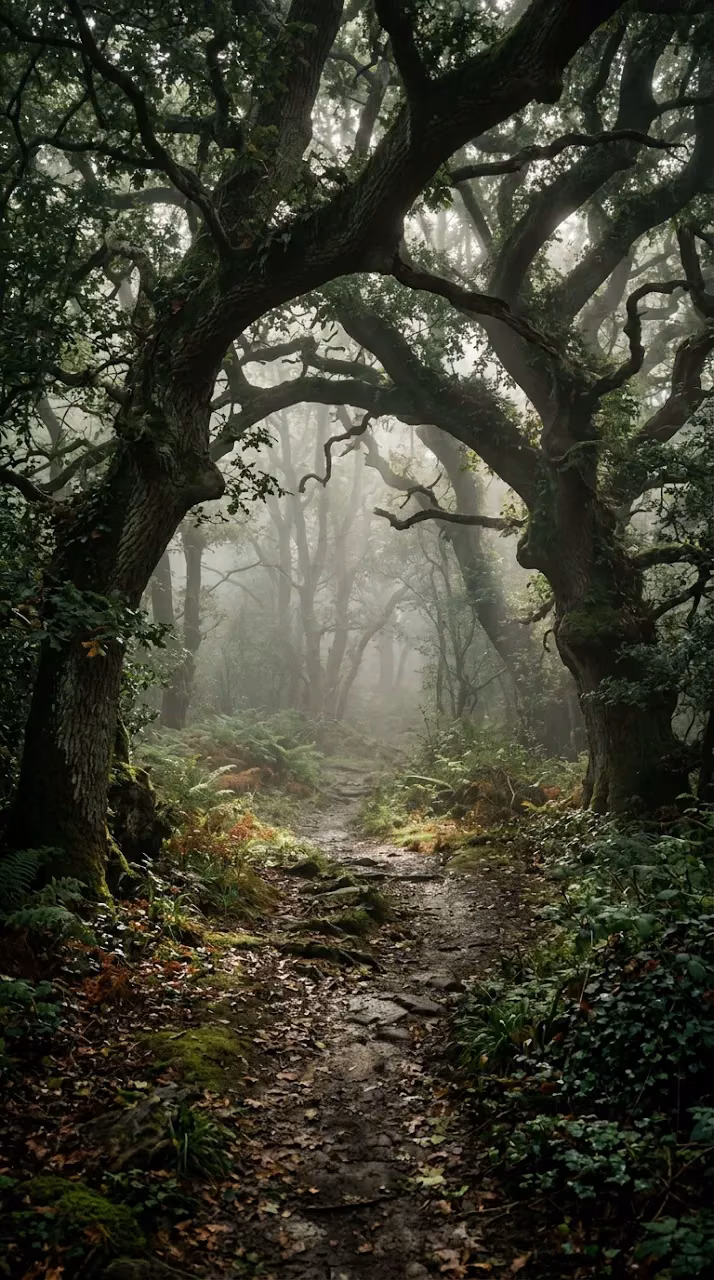 Forest Path with Ancient Oak Trees and Thick Morning Fog - Free Mobile AMOLED Wallpaper Background