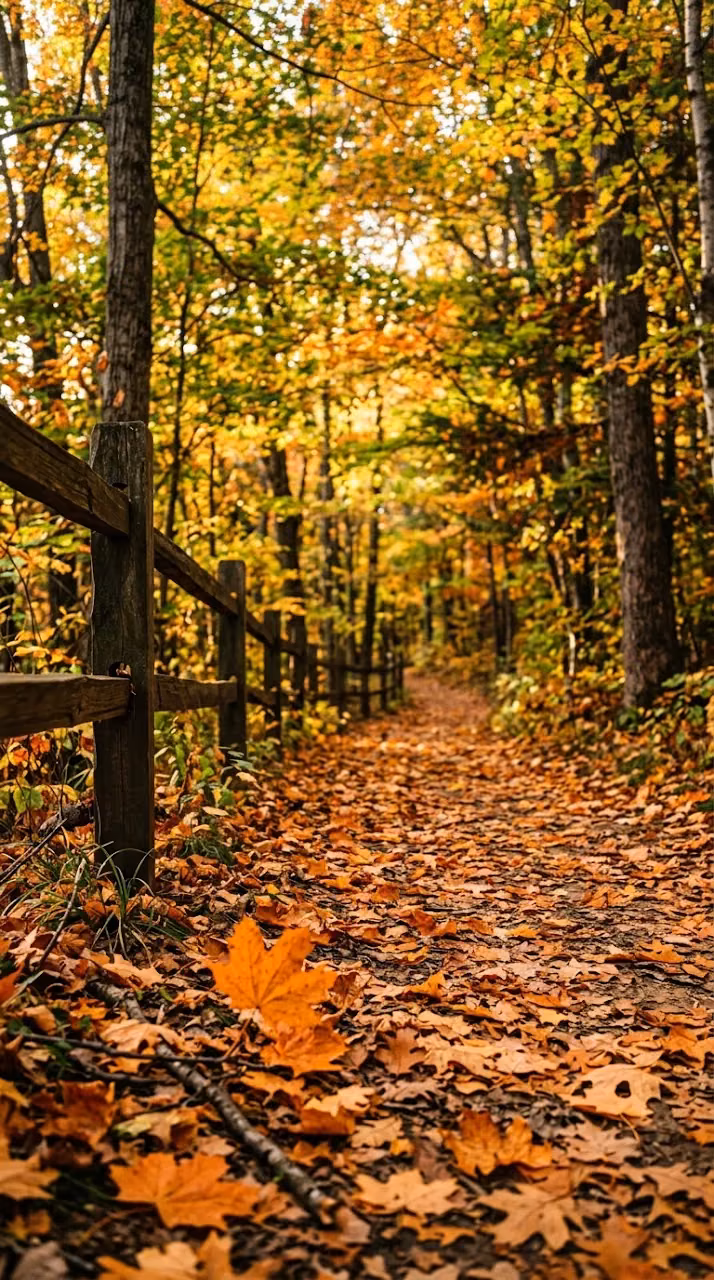 Forest Pathway Covered in Orange Autumn Leaves Under Warm Sunlight - Free Mobile AMOLED Wallpaper Background