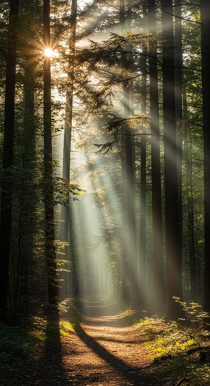 Forest Trail with Morning Sunlight Rays - Free Mobile AMOLED Wallpaper Background