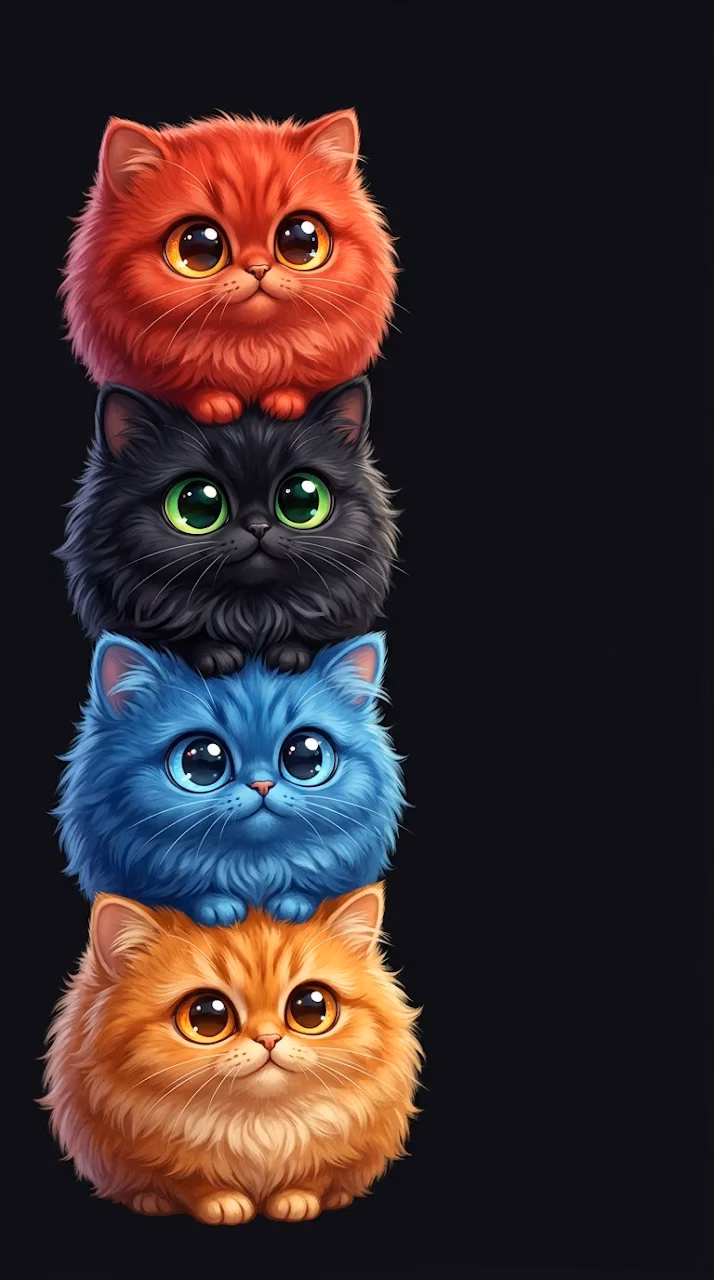 Download Four Colorful Fluffy Cats Stacked Vertically on the Left Margin Wallpaper in Mobile HD Four Colorful Fluffy Cats Stacked Vertically on the Left Margin - Free Mobile AMOLED Wallpaper Background