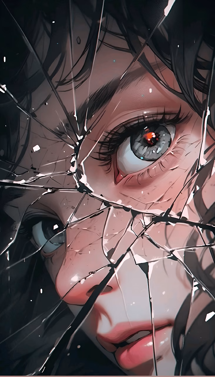 Fractured Face with Intense Eyes Behind Shattered Glass - Free Mobile AMOLED Wallpaper Background