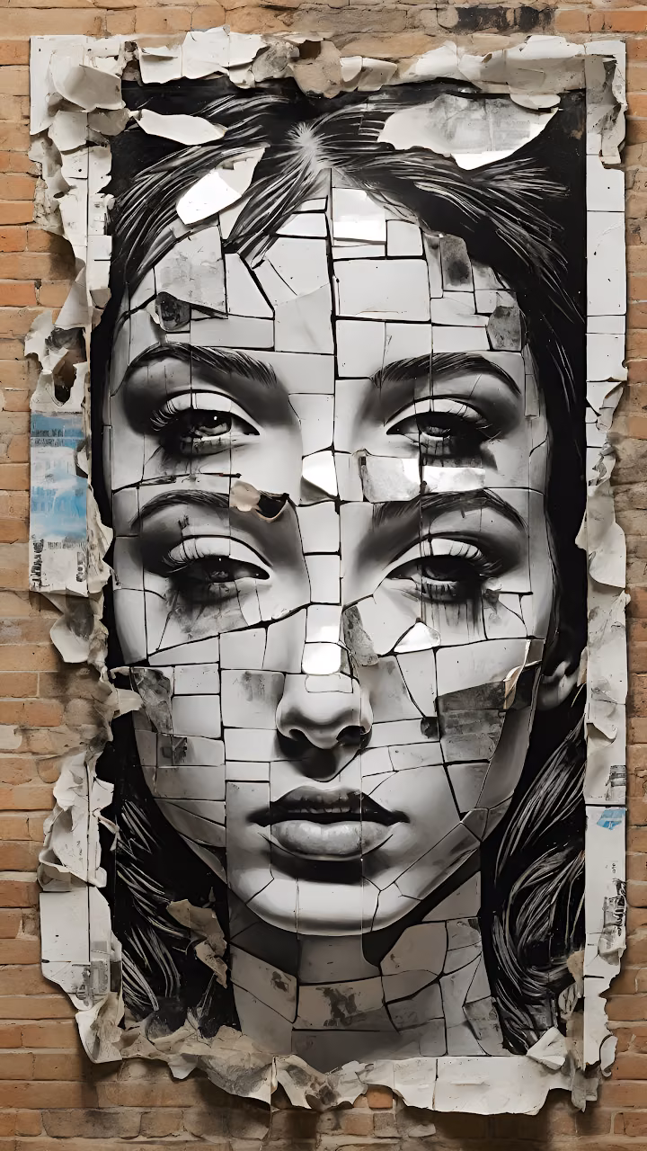 Fragmented Female Portrait Street Art on Brick Wall - Free Mobile AMOLED Wallpaper Background