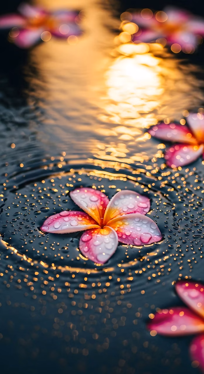 Frangipani Flower Water Droplets Golden Bokeh - Free Mobile AMOLED Wallpaper Background