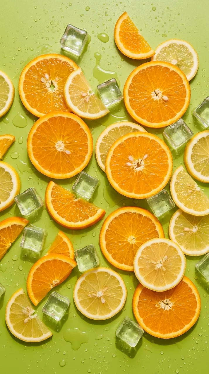 Fresh Lemon and Orange Slices with Ice Cubes on Green - Free Mobile AMOLED Wallpaper Background