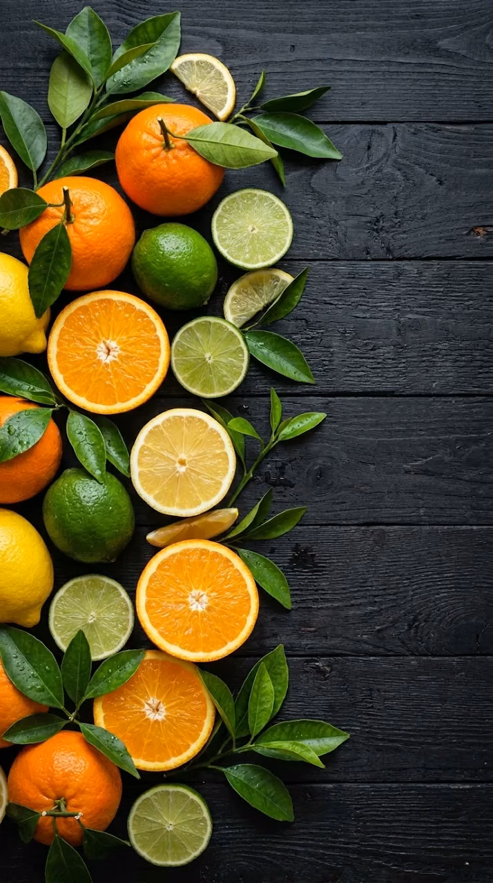 Fresh Oranges and Limes Flatlay on Dark Wood - Free Mobile AMOLED Wallpaper Background