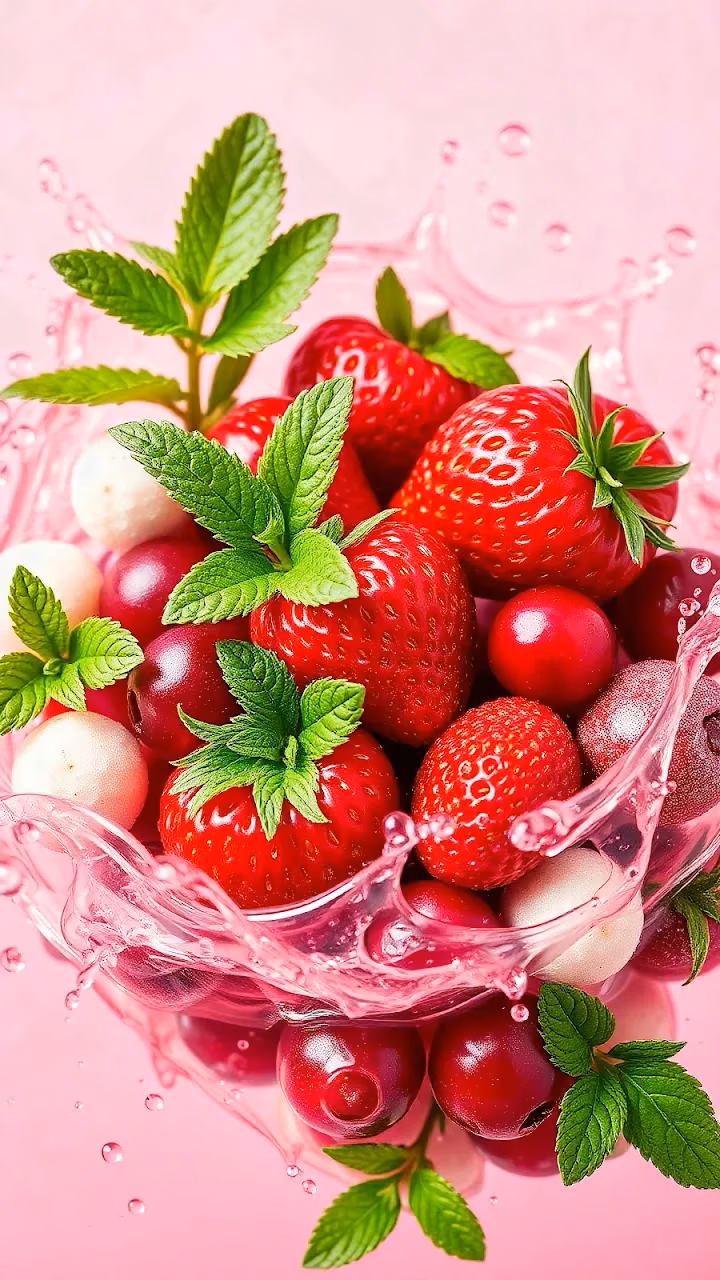Fresh Strawberries and Mint in Pink Splash - Free Mobile AMOLED Wallpaper Background