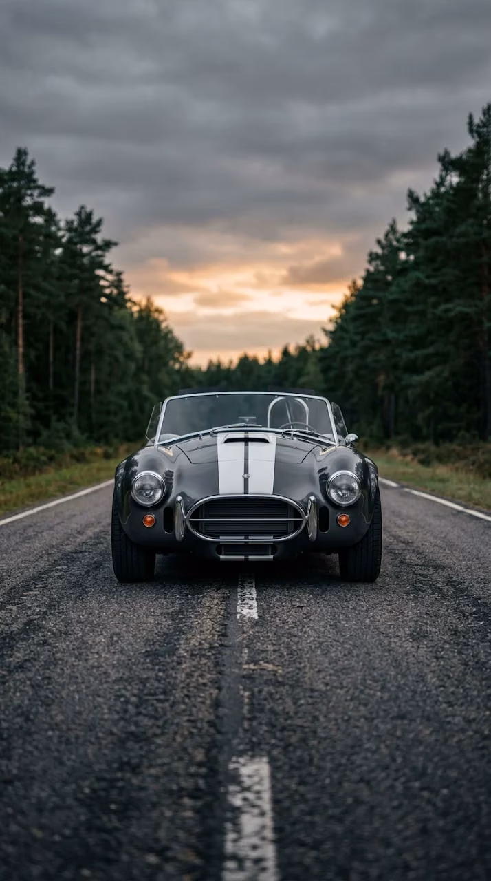 Front View of Classic Dark Grey Roadster Sports Car on Open Road - Free Mobile AMOLED Wallpaper Background