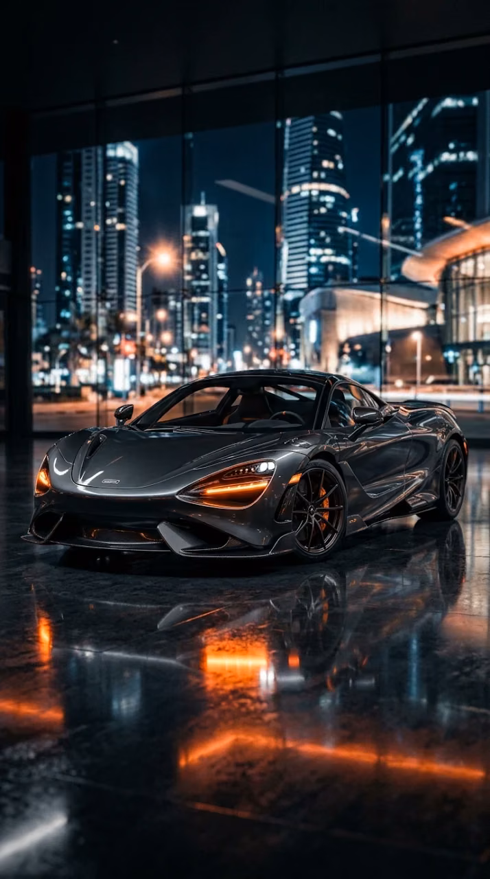 Download Front View of a Modern Luxury Sports Car with Glowing Orange Headlights Wallpaper in Mobile HD Front View of a Modern Luxury Sports Car with Glowing Orange Headlights - Free Mobile AMOLED Wallpaper Background