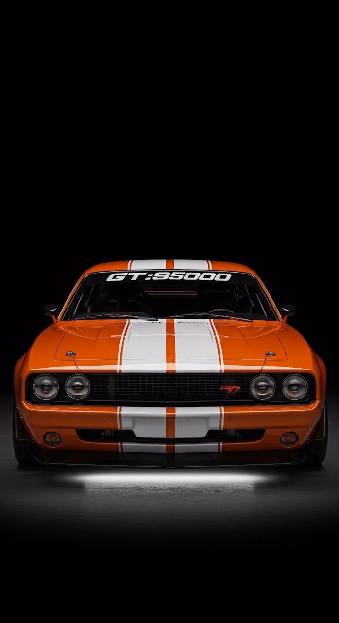 Download Front View of an Orange Racing Car with White Stripes in Studio Lighting Wallpaper in Mobile HD Front View of an Orange Racing Car with White Stripes in Studio Lighting - Free Mobile AMOLED Wallpaper Background