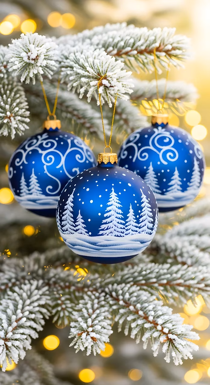 Frosted Pine Branch with Hand-Painted Blue Christmas Baubles - Free Mobile AMOLED Wallpaper Background