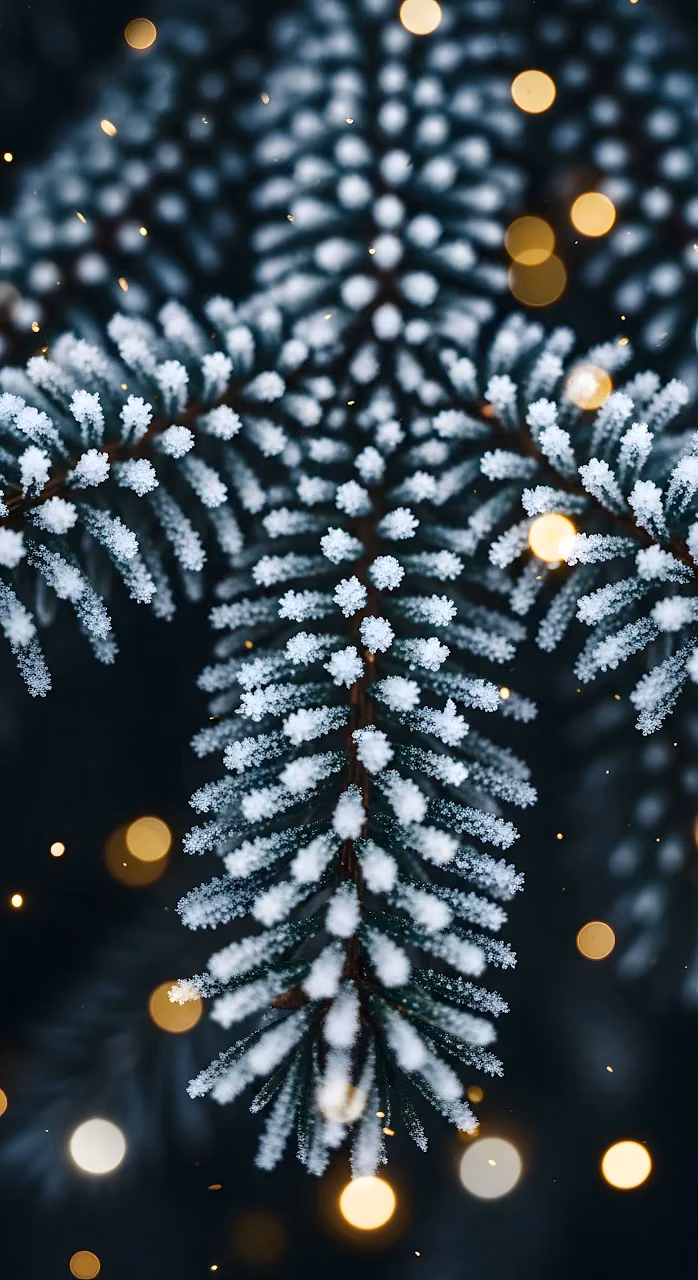 Frosted Pine Tree Branch with Golden Bokeh Lights - Free Mobile AMOLED Wallpaper Background