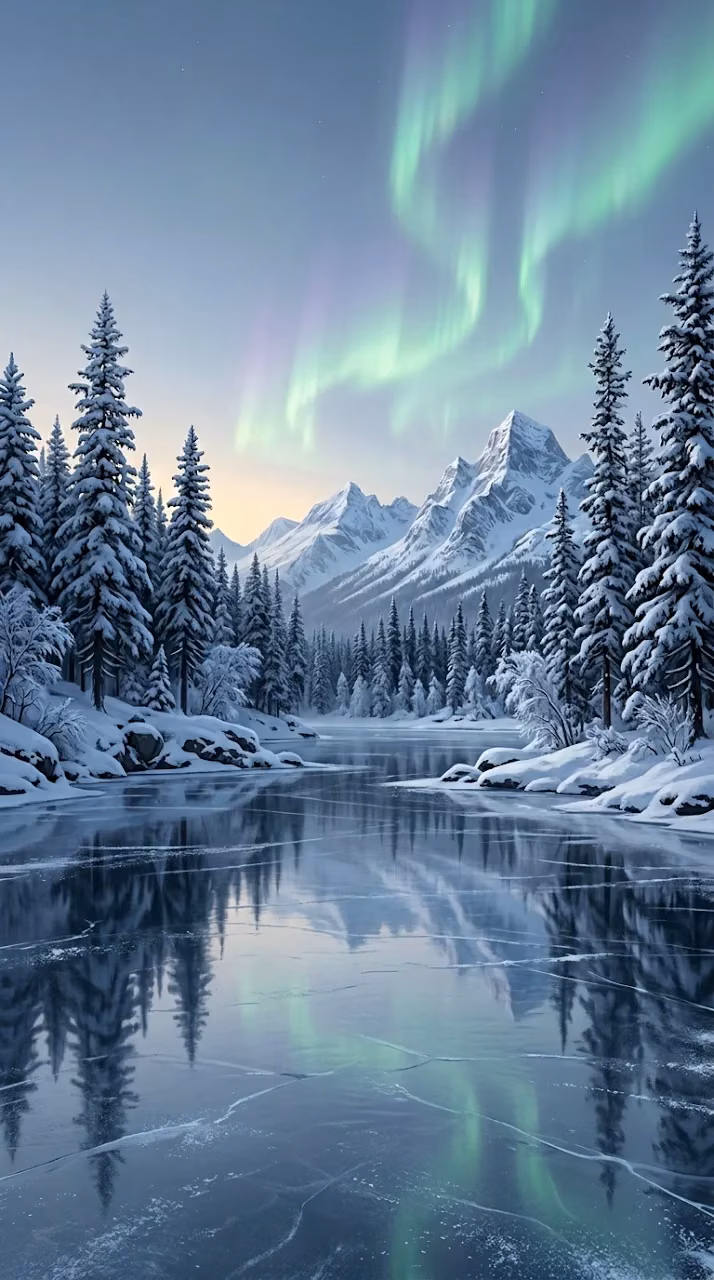 Frozen Winter Lake with Northern Lights and Snow-Laden Trees - Free Mobile AMOLED Wallpaper Background