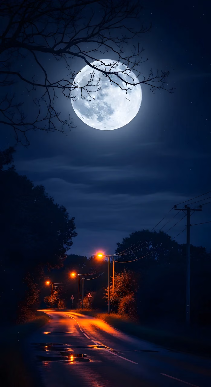 Full Moon Night Road with Orange Streetlight Reflections - Free Mobile AMOLED Wallpaper Background