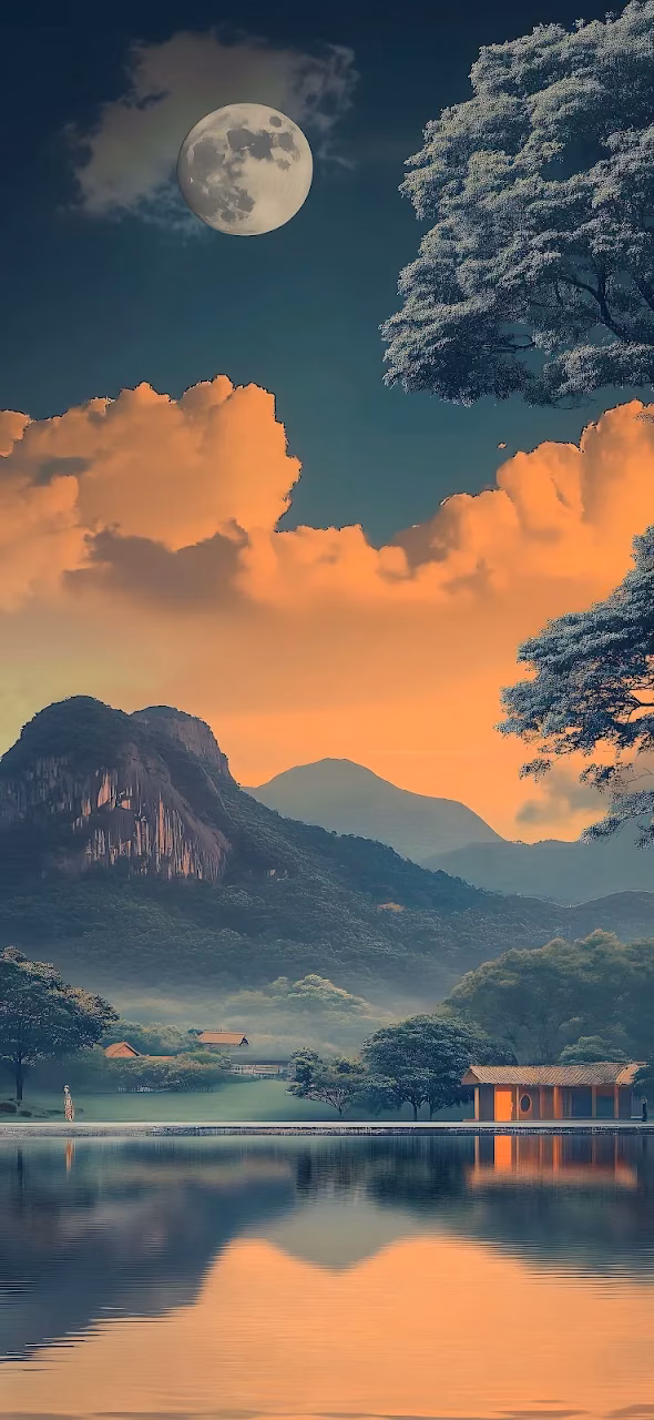 Full Moon Over Asian Mountain Lake and Orange Clouds - Free Mobile AMOLED Wallpaper Background