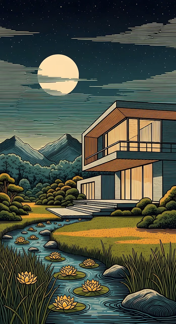 Full Moon Over Modern Home and Lily Pad Creek Landscape - Free Mobile AMOLED Wallpaper Background