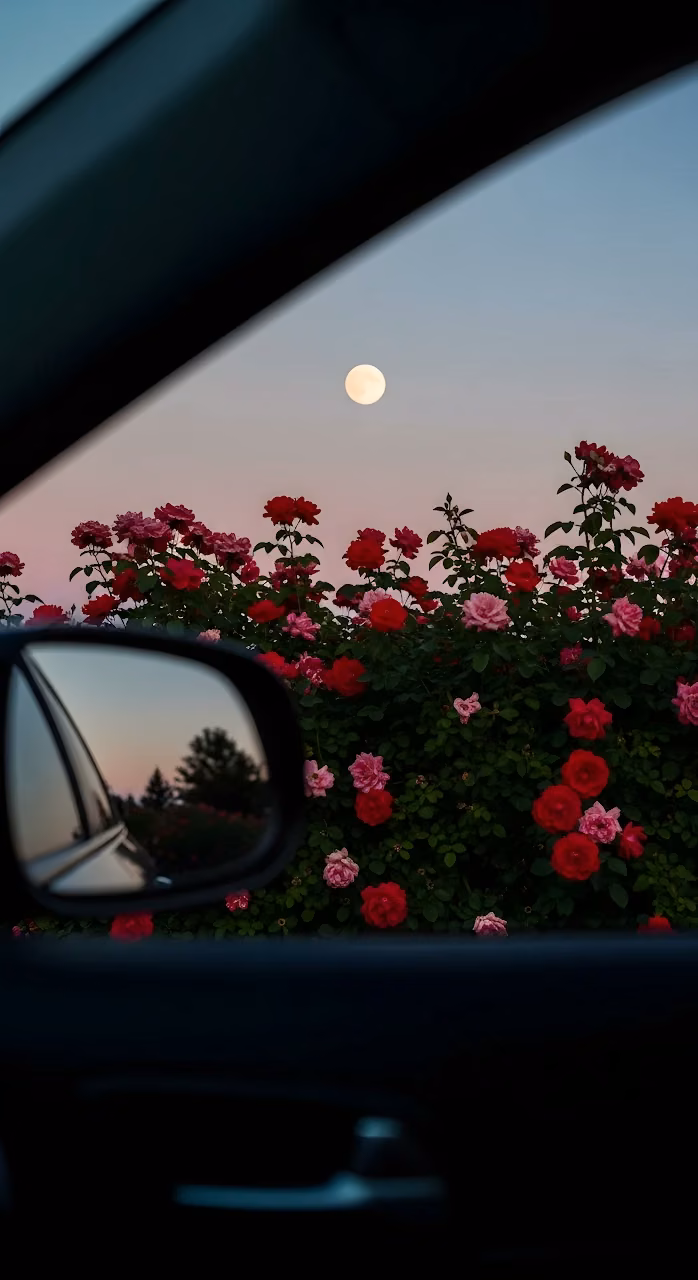 Full Moon Over Red Roses Car Window View Aesthetic - Free Mobile AMOLED Wallpaper Background