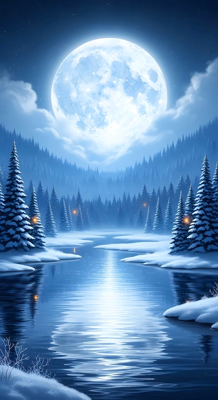 Full Moon Reflection on Icy Winter River in Forest - Free Mobile AMOLED Wallpaper Background