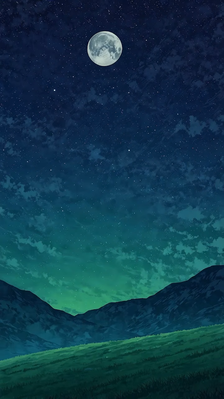 Full Moon and Starry Night Sky Over Grassy Hills - Free Mobile AMOLED Wallpaper Background