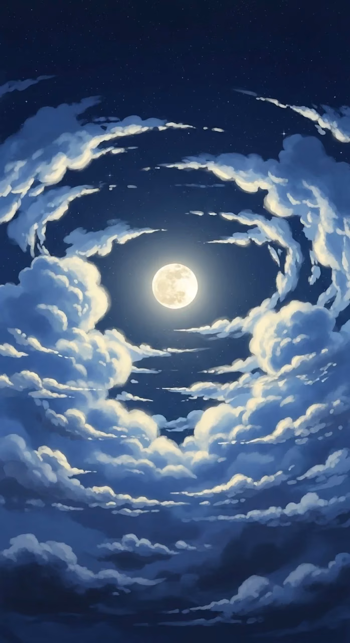 Full Moon Surrounded by Swirling Night Clouds Anime Style - Free Mobile AMOLED Wallpaper Background