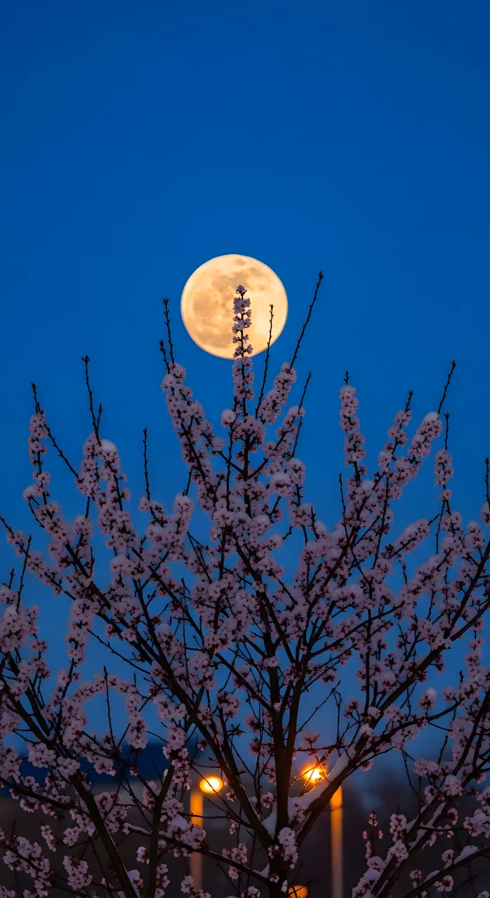 Full Moon Twilight Cherry Blossoms Night Sky Nature - Free Mobile AMOLED Wallpaper Background