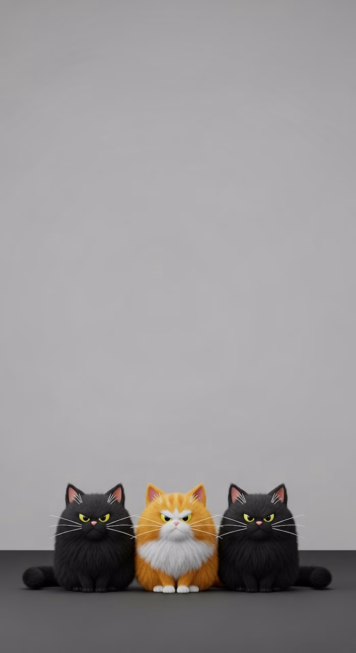 Funny Minimal 3D Cartoon Cats on Clean Background - Free Mobile AMOLED Wallpaper Background