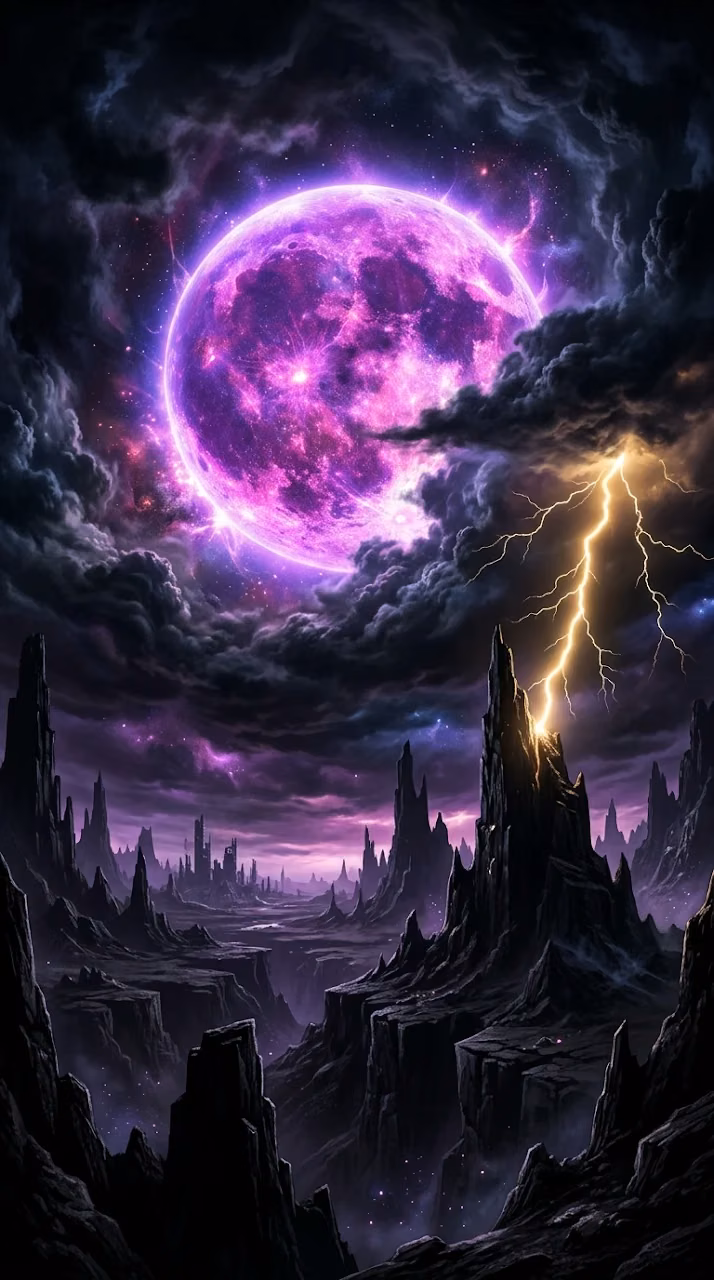 Futuristic Apocalyptic Landscape with Purple Celestial Orb and Lightning - Free Mobile AMOLED Wallpaper Background