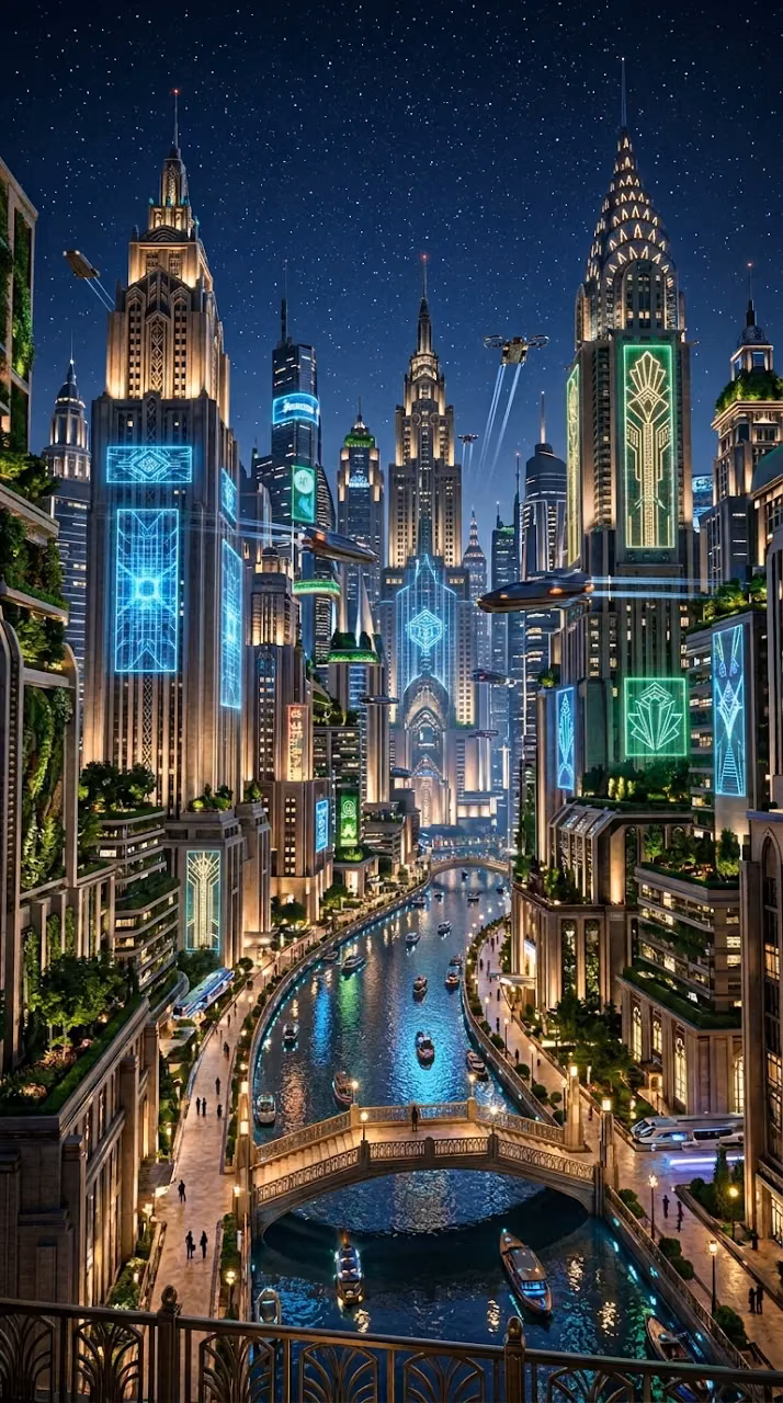 Futuristic Art Deco City with Neon Canals and Vertical Gardens - Free Mobile AMOLED Wallpaper Background