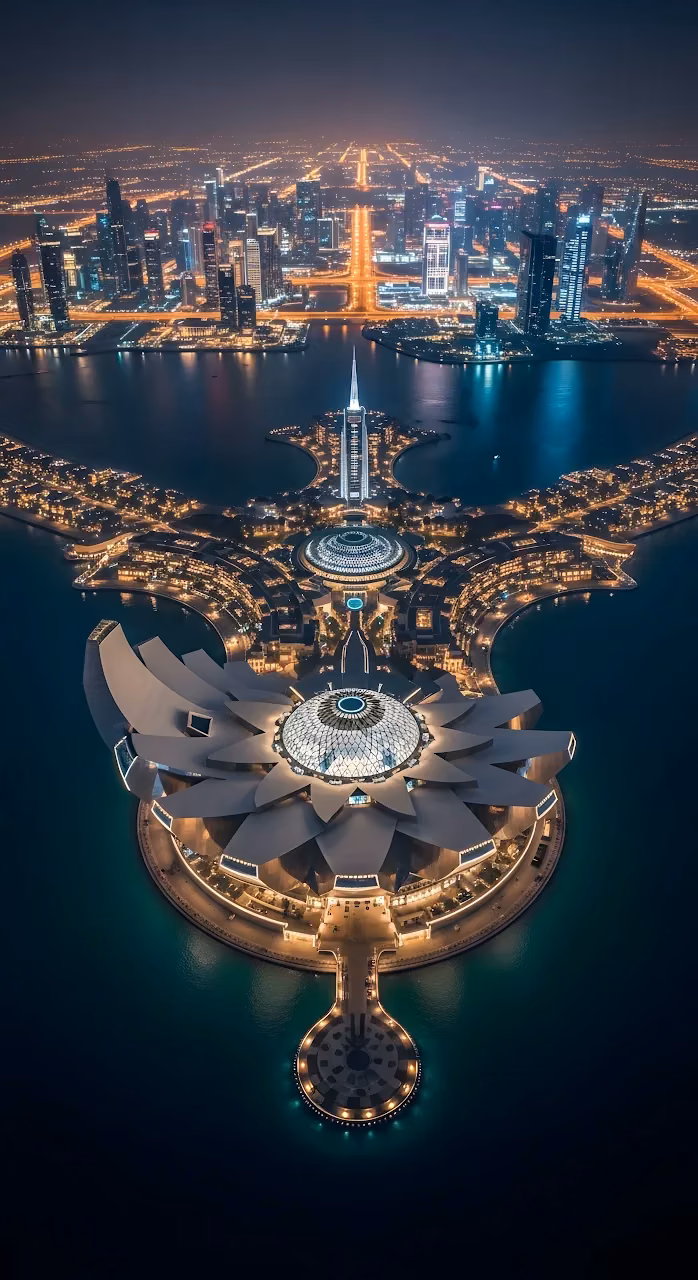 Download Futuristic Artificial Island City Skyline Night Aerial View Wallpaper in Mobile HD Futuristic Artificial Island City Skyline Night Aerial View - Free Mobile AMOLED Wallpaper Background