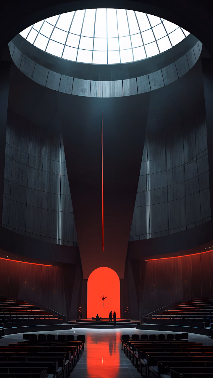 Download Futuristic Auditorium with Red Glow and Dome Skylight Wallpaper in Mobile HD Futuristic Auditorium with Red Glow and Dome Skylight - Free Mobile AMOLED Wallpaper Background
