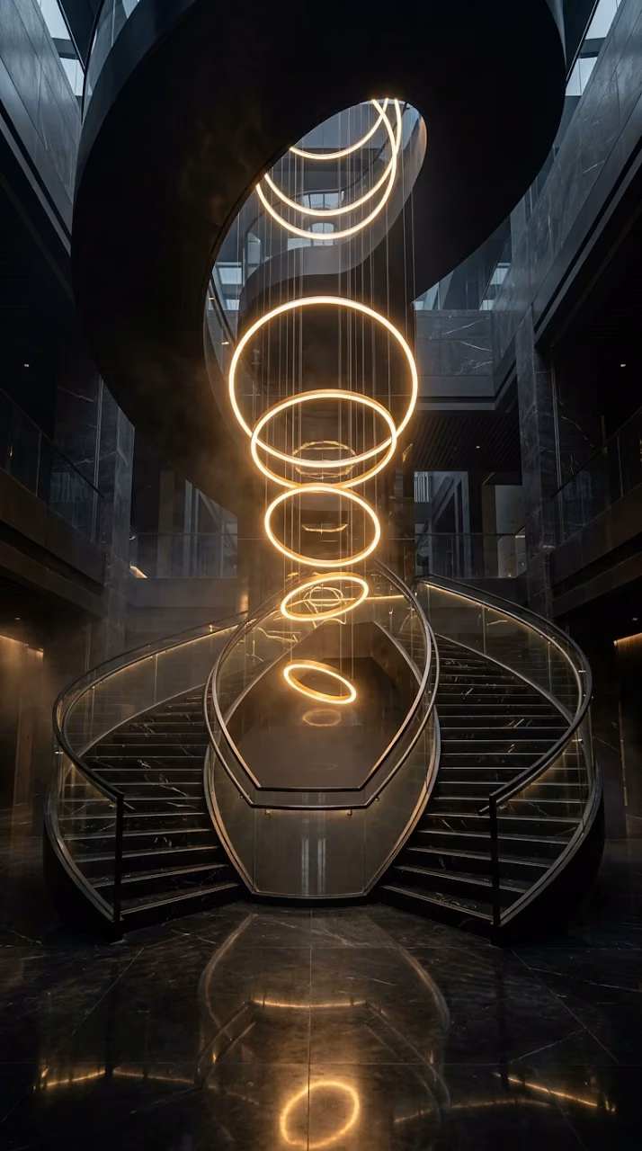 Download Futuristic Black Marble Staircase and Gold Rings Wallpaper Wallpaper in Mobile HD Futuristic Black Marble Staircase and Gold Rings Wallpaper - Free Mobile AMOLED Wallpaper Background