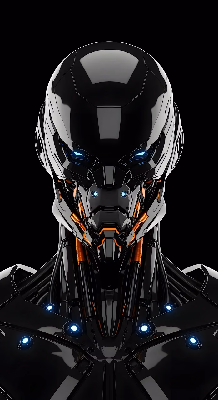 Futuristic Black Mecha Assassin Portrait Blue Glowing Optics - Free Mobile AMOLED Wallpaper Background