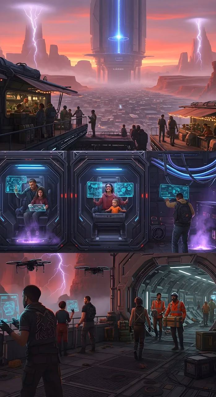 Futuristic Canyon City Transport Pods Collage - Free Mobile AMOLED Wallpaper Background