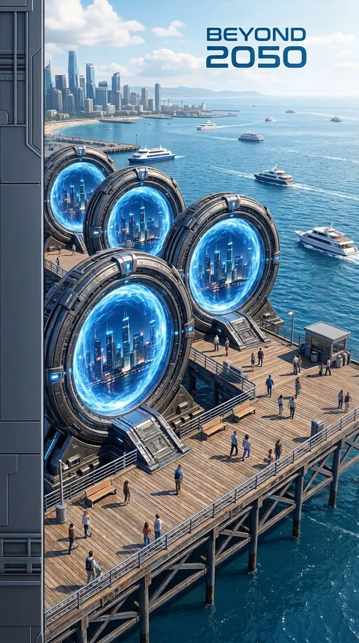Download Futuristic Circular Portals Overlooking Coastal Cityscape with Quote Wallpaper in Mobile HD Futuristic Circular Portals Overlooking Coastal Cityscape with Quote - Free Mobile AMOLED Wallpaper Background