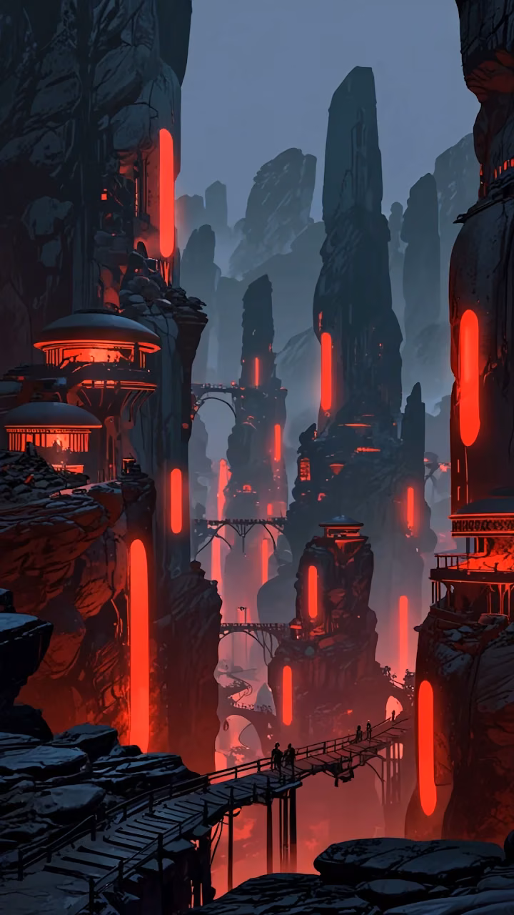 Futuristic City Carved Into Red-Lit Cliffs - Free Mobile AMOLED Wallpaper Background