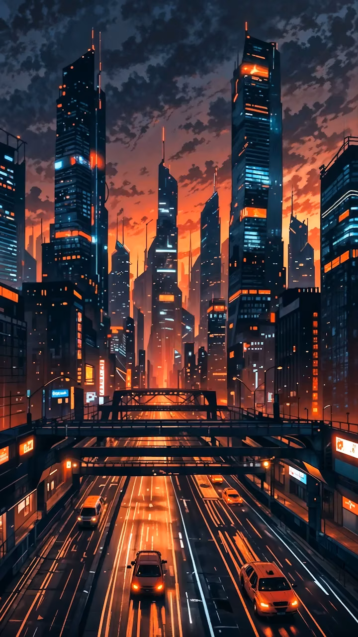 Futuristic City with Glowing Skyscrapers at Sunset - Free Mobile AMOLED Wallpaper Background