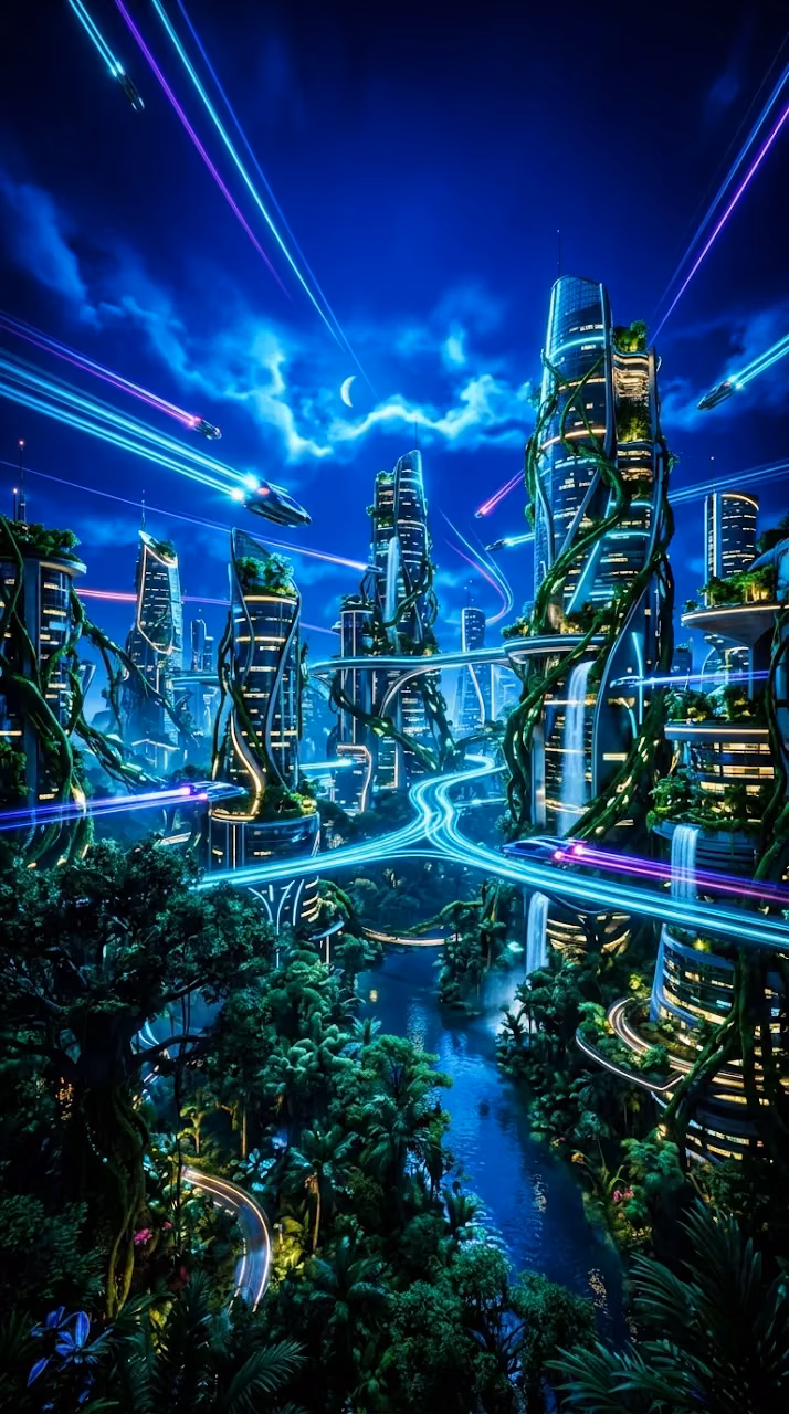 Download Futuristic City Integrated with Lush Jungle and Light Bridges Wallpaper in Mobile HD Futuristic City Integrated with Lush Jungle and Light Bridges - Free Mobile AMOLED Wallpaper Background