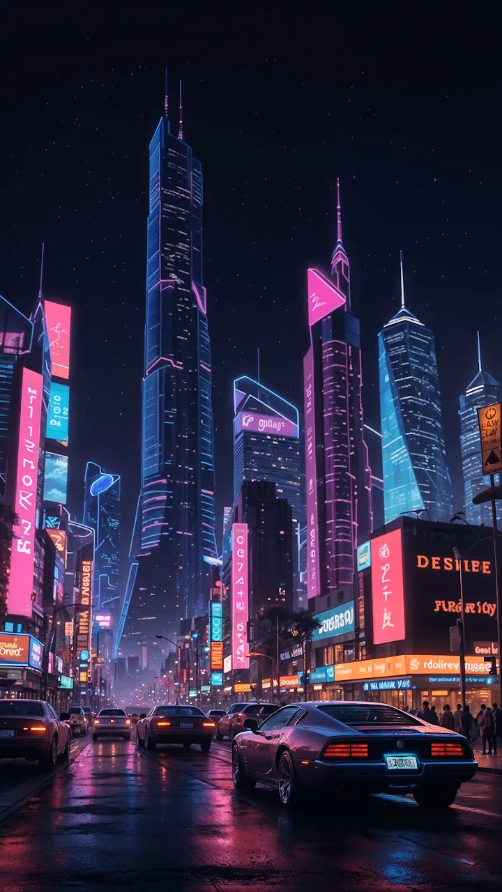 Futuristic City with Neon Skyscrapers at Night - Free Mobile AMOLED Wallpaper Background