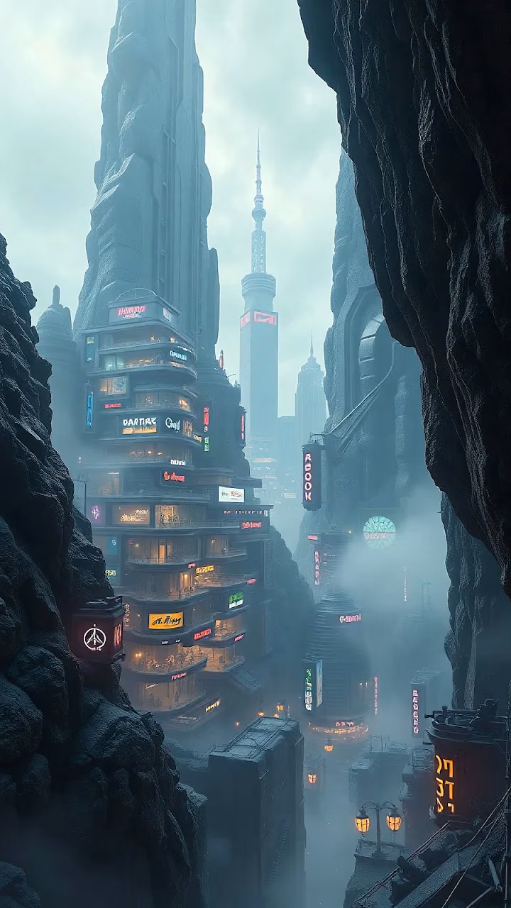 Futuristic City Nestled in Misty Mountain Canyon - Free Mobile AMOLED Wallpaper Background