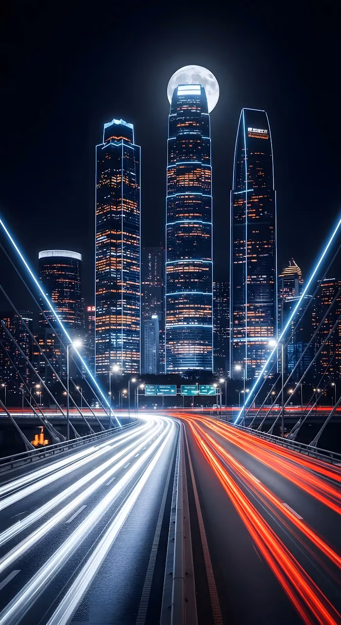 Download Futuristic City Night Skyline with Neon Light Trails Wallpaper in Mobile HD Futuristic City Night Skyline with Neon Light Trails - Free Mobile AMOLED Wallpaper Background