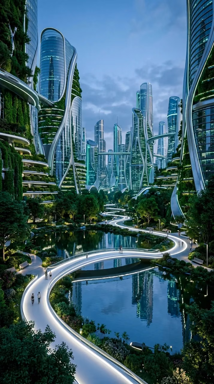 Futuristic City Park with Glass Structures and Glowing Path - Free Mobile AMOLED Wallpaper Background