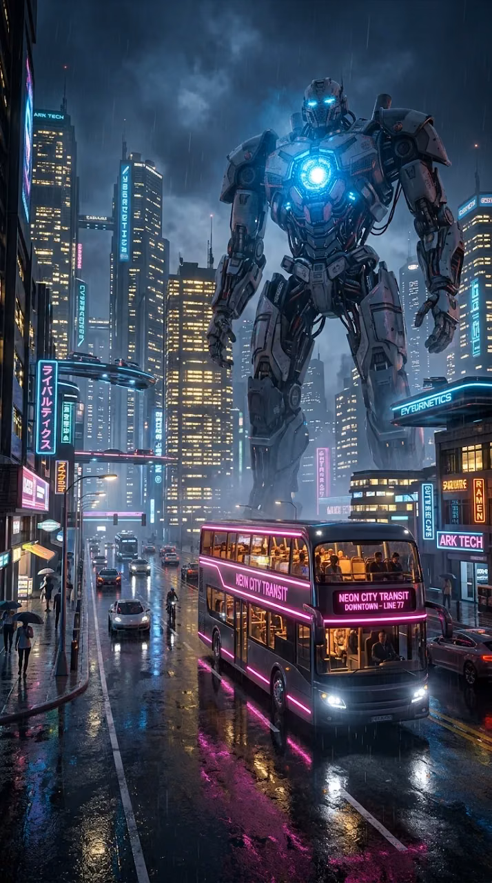 Futuristic Cityscape with a Colossal Bio-Mechanical Robot and Double-Decker Bus - Free Mobile AMOLED Wallpaper Background