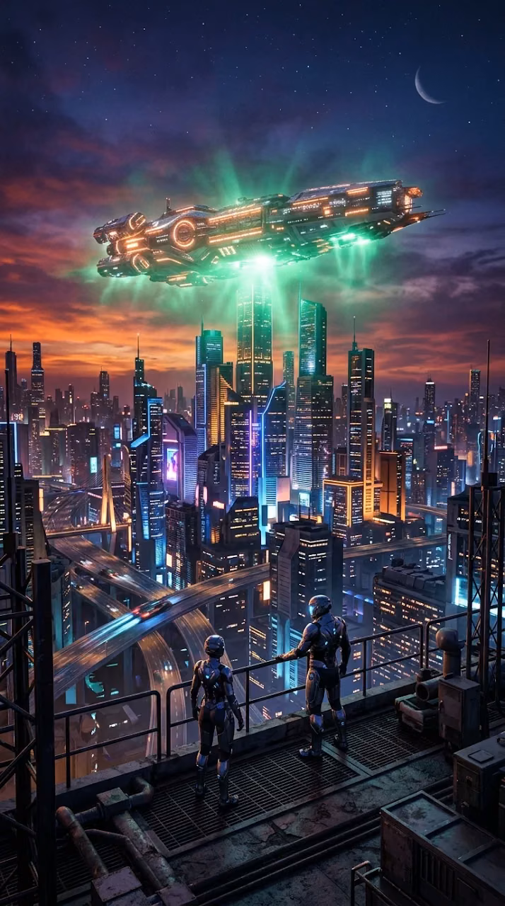 Download Futuristic Cityscape at Dusk with Luminous Spaceship and Figures Wallpaper in Mobile HD Futuristic Cityscape at Dusk with Luminous Spaceship and Figures - Free Mobile AMOLED Wallpaper Background