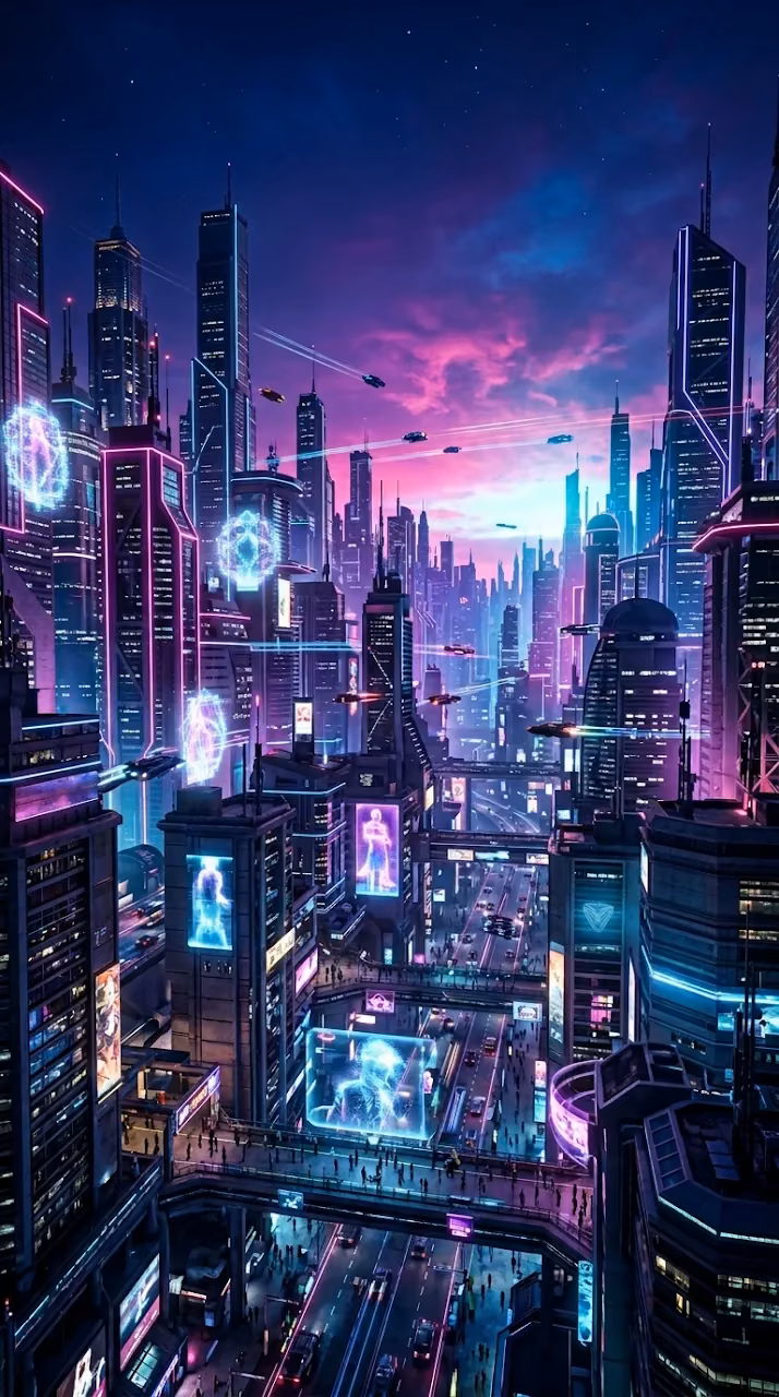 Futuristic Cityscape at Dusk with Neon Outlines and Flying Cars - Free Mobile AMOLED Wallpaper Background