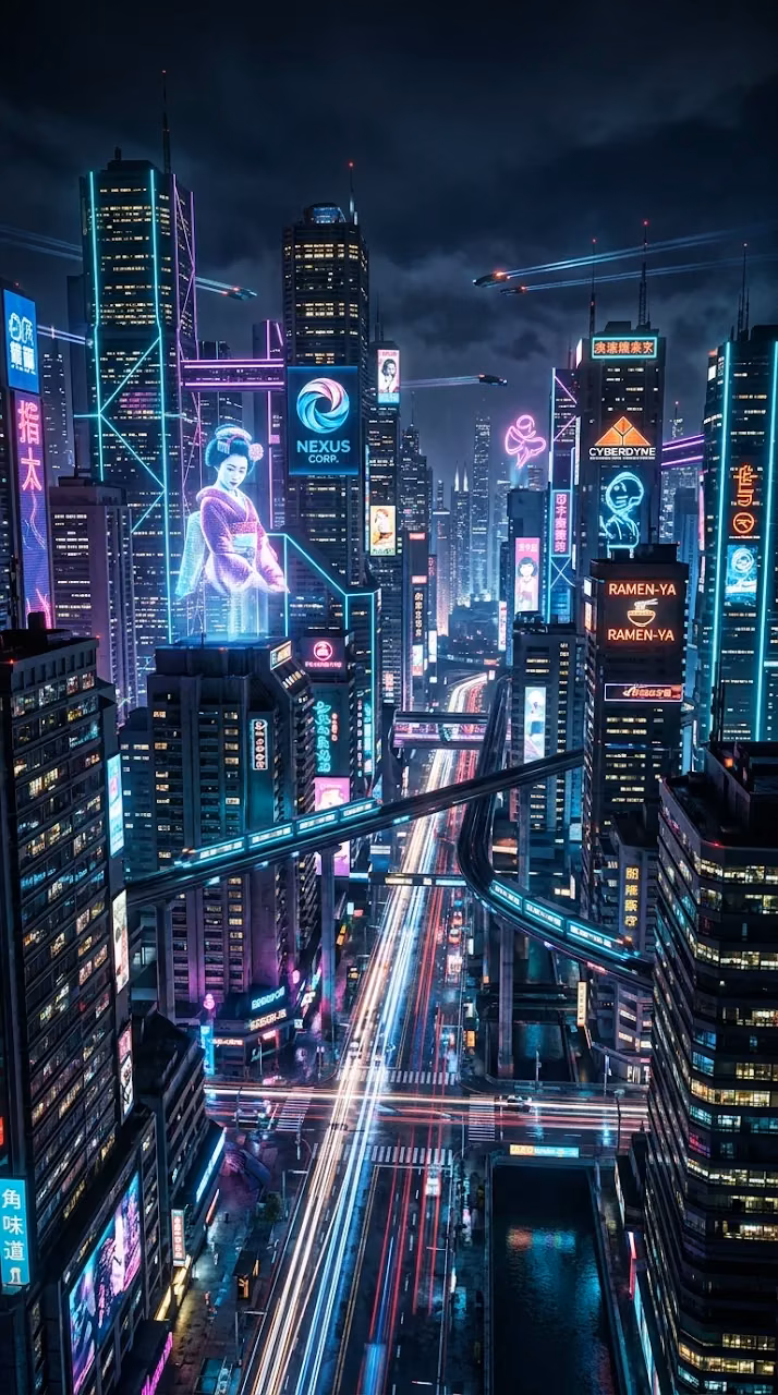 Download Futuristic Cityscape with Neon Billboards and Holograms Wallpaper in Mobile HD Futuristic Cityscape with Neon Billboards and Holograms - Free Mobile AMOLED Wallpaper Background