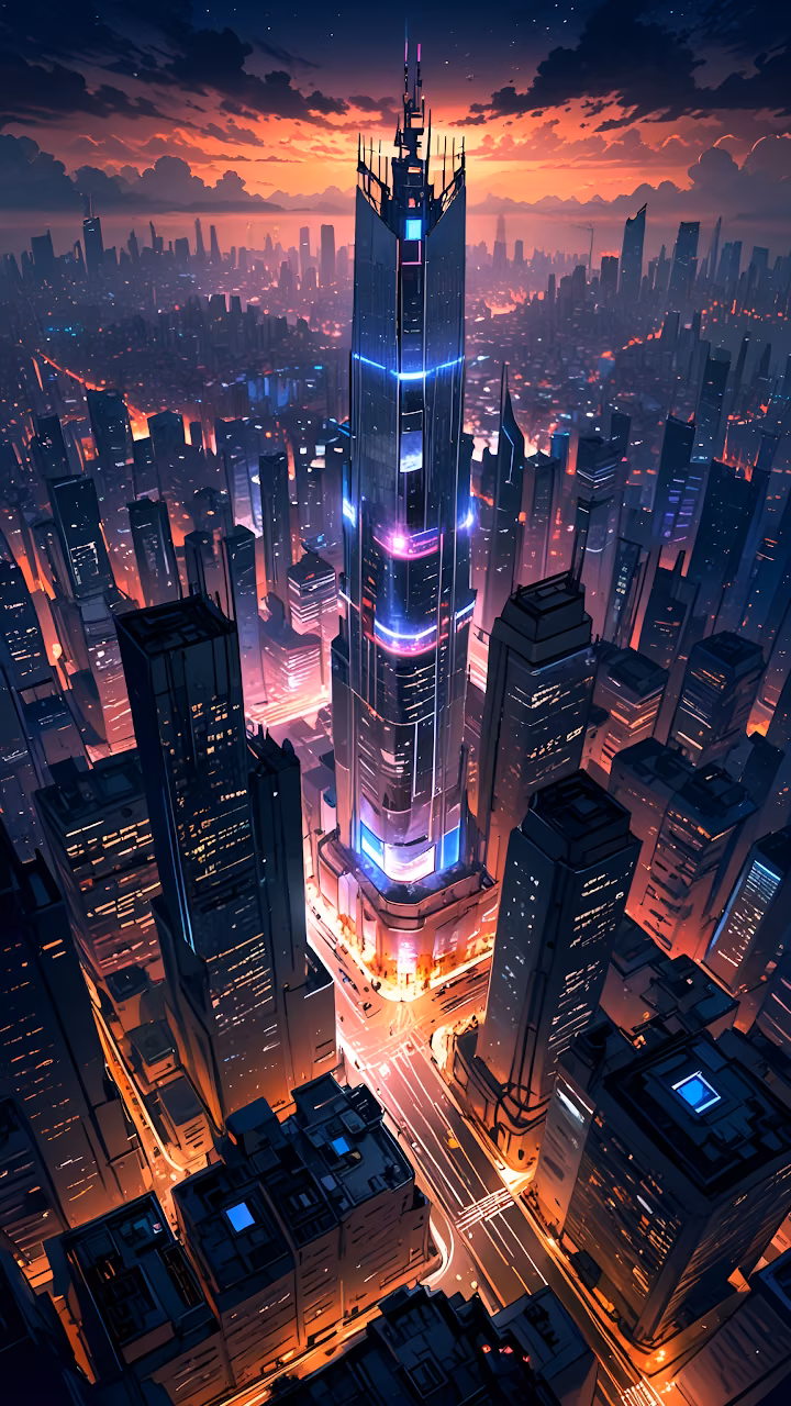 Download Futuristic Cityscape at Sunset with Glowing Skyscraper Wallpaper in Mobile HD Futuristic Cityscape at Sunset with Glowing Skyscraper - Free Mobile AMOLED Wallpaper Background