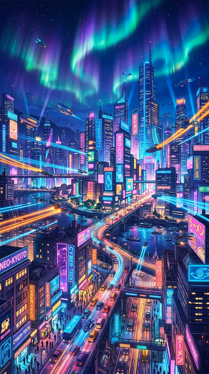 Futuristic Cityscape under a Vibrant Aurora Borealis Sky - Free Mobile AMOLED Wallpaper Background